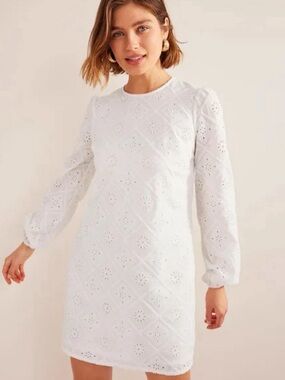 Boden White Eyelet Long-Sleeve Shift Dress